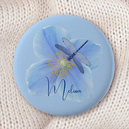 Dragonfly on Blue Poppy Flower Customized Photo Printed Button Badge