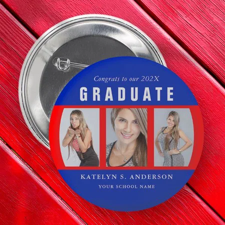 Red and Blue Graduation Photo Collage Customized Photo Printed Button Badge