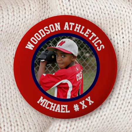 Red & navy Pdoto Sports Design Customized Photo Printed Button Badge