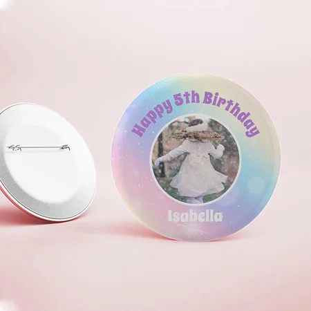 Pretty Pastel Rainbow Sparkle Kids Birthday Party Customized Photo Printed Button Badge