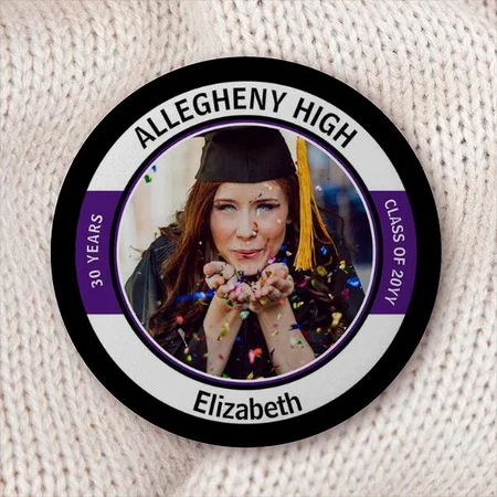Black Purple White Minimalist Class Reunion Photo Customized Photo Printed Button Badge