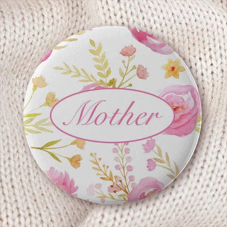 Pretty PInk Floral Watercolor Mother's Day Customized Photo Printed Button Badge