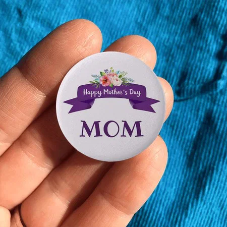 Happy Mother's Day Floral on Purple Ribbon Design Customized Photo Printed Button Badge