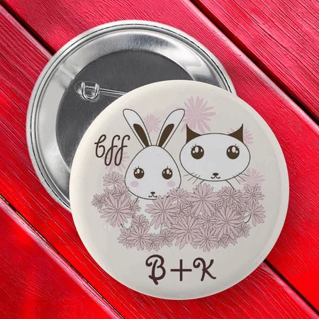 Cute Kitten and Bunny Kids Friends Forever Design Customized Photo Printed Button Badge