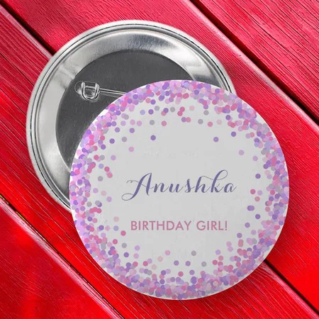 Pink and Purple Confetti Birthday Girl Customized Photo Printed Button Badge