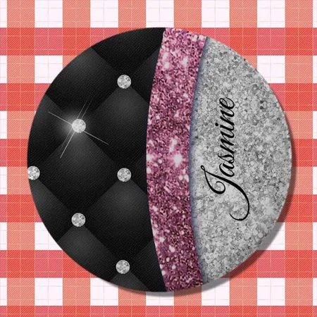 Silver Glitter Black Pink Monogram Customized Photo Printed Button Badge