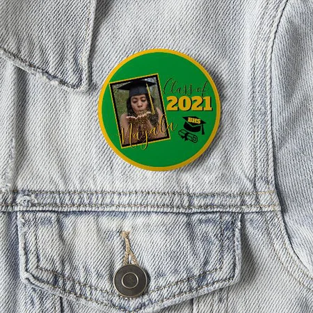 Graduation Monogram & Photo Green Gold Design Customized Photo Printed Button Badge