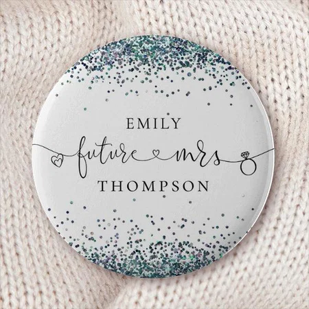Future Mrs Name Peacock Blue Glitter Customized Photo Printed Button Badge