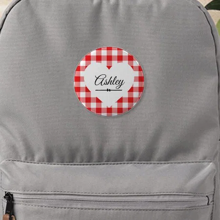 Valentine's Day Red Gingham Heart Customized Photo Printed Button Badge