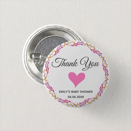 Pink & Gold Floral Wreath Customized Photo Printed Button Badge