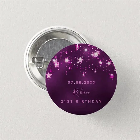 Birthday Purple Glitter Stars Monogram Customized Photo Printed Button Badge
