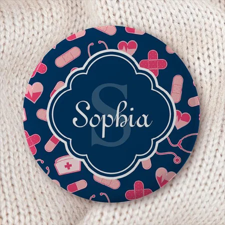 Pink and Blue Nurse Pattern with Monogram Customized Photo Printed Button Badge