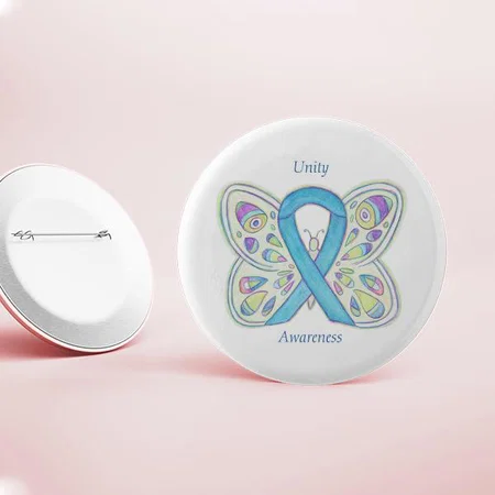 Blue Awareness Ribbon Butterfly Design Customized Photo Printed Button Badge