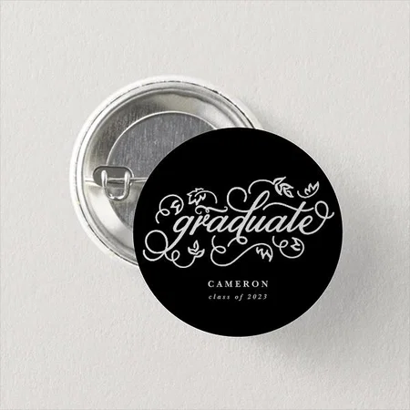 Black Whimsical Flowers Typography Customized Photo Printed Button Badge