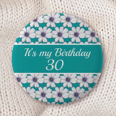 Birthday White Floral Pattern Customized Photo Printed Button Badge