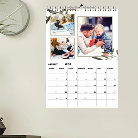 Green Leaf And Golden Line Design Customized Photo Printed Spiral Wall Calendar