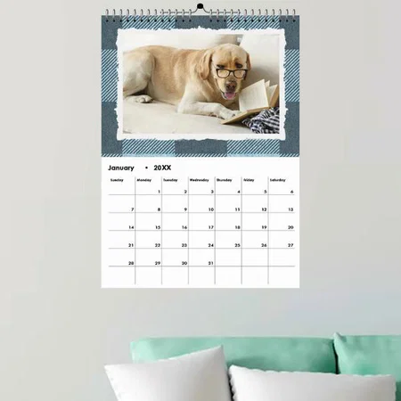 Rustic Blue Buffalo Plaid Dog Pet Photo Customized Photo Printed Spiral Wall Calendar