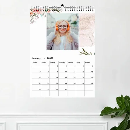 Pink Green Floral Design Customized Photo Printed Spiral Wall Calendar