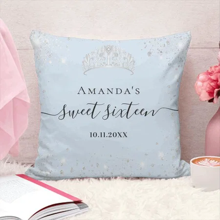 Blue Silver Glitter Tiara Design with Name Customized Photo Printed Cushion