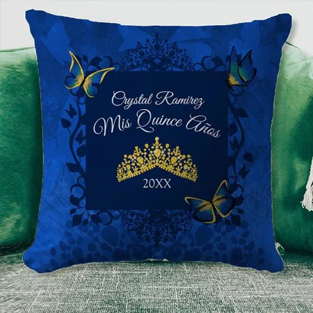 Blue Gold Butterfly Tiara Customized Photo Printed Cushion