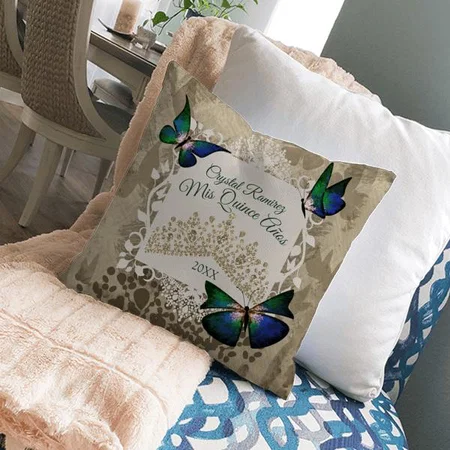 Green Butterflies Gold Tiara Customized Photo Printed Cushion