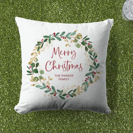 Modern Wreath and Script Merry Christmas Customized Photo Printed Cushion