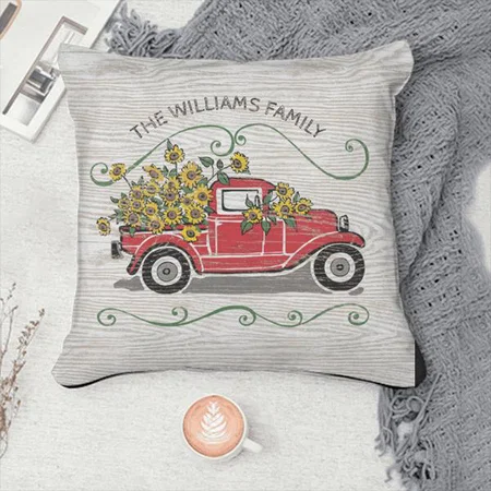 Rustic Sunflower Vintage Red Truck Name Customized Photo Printed Cushion