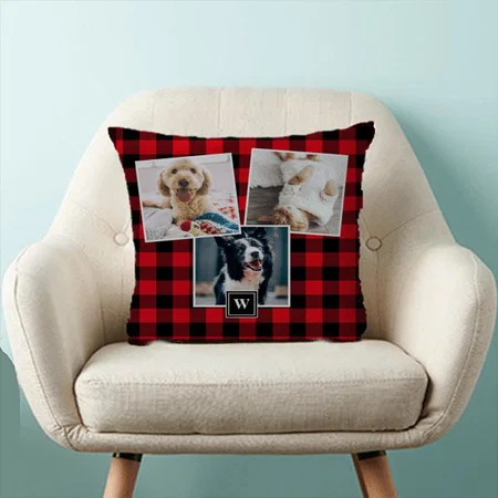 Red Plaid Pattern 3 Photo Collage Customized Photo Printed Cushion