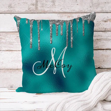 Silver Teal Metal Glitter Look Drips Monogram Customized Photo Printed Cushion