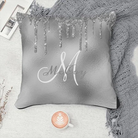 Silver Metal Glitter Drips Monogram Customized Photo Printed Cushion