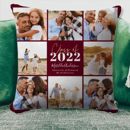 Burgundy Modern Script Grad Photo Class of 20XX Customized Photo Printed Cushion