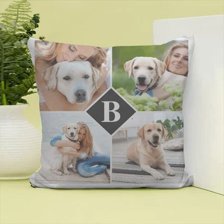 Modern 4 Photo Collage Personalized Monogram Customized Photo Printed Cushion