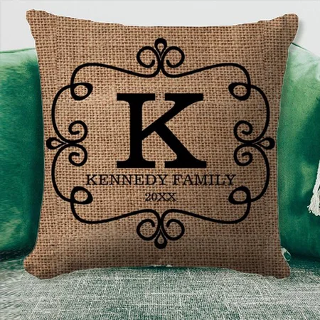 Rustic Burlap Family Name Monogram Customized Photo Printed Cushion
