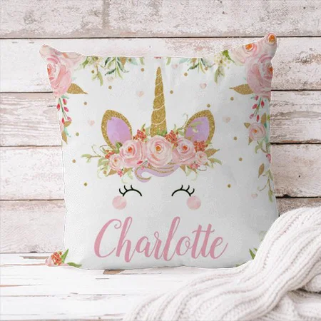 Unicorn Cushion Name Nursery Kids Pink  Customized Photo Printed Cushion