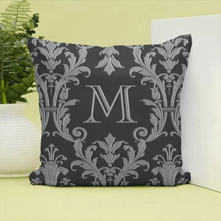 Black & Gray Silver Damask Floral Swirls Monogram Customized Photo Printed Cushion