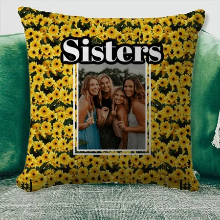 Sisters Friendship Photo Sunflower Floral Customized Photo Printed Cushion