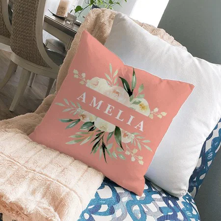 Peach Cream Green Watercolor Floral Customized Photo Printed Cushion