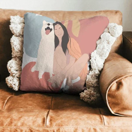 Girl with Dog Design Customized Photo Printed Cushion