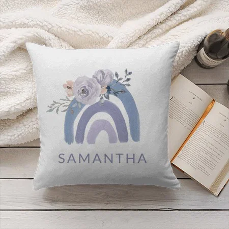 Dusty Blue and Purple Boho Rainbow with Flowers Design Customized Photo Printed Cushion