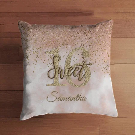 Girly Pink Sweet 16 Birthday Rose Gold Glitter Customized Photo Printed Cushion