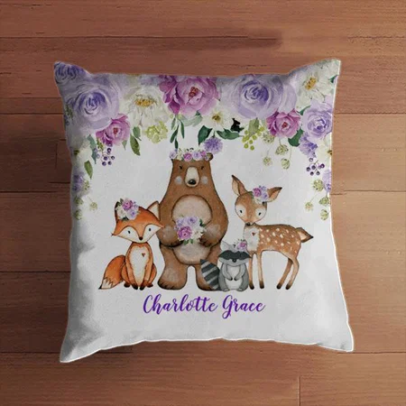 Forest Animals Purple Floral Design Customized Photo Printed Cushion
