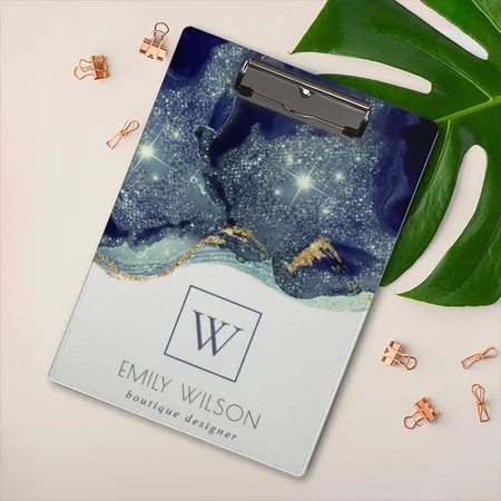 Abstract Ink Silver Navy Glitter Monogram Customized Photo Printed Exam Board