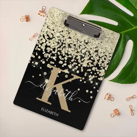 Modern Glam Black Gold Glitter Monogram Customized Photo Printed Exam Board