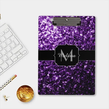 Dark Purple faux shiny glitter sparkles Monogram Customized Photo Printed Exam Board