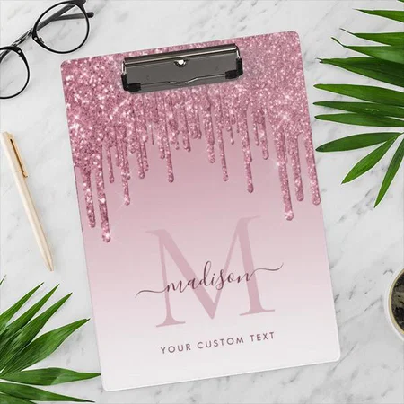 Blush Pink Glitter Drips Sparkle Modern Monogram Customized Photo Printed Exam Board
