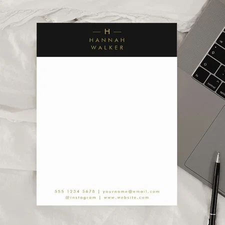 Minimalist Elegant Monogram Black Gold Customized Printed Letterheads