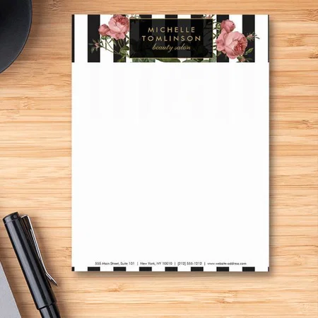 Vintage Floral Striped Salon Customized Printed Letterheads