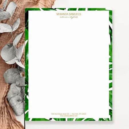 Watercolor Tropical Green Leaf Customized Printed Letterheads