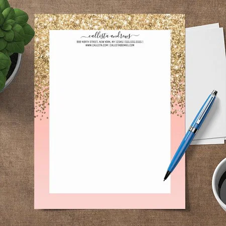 Pink Gold Sparkle Design Customized Printed Letterheads