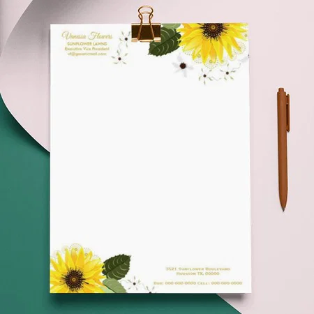 Sunflower Yellow Green Customized Printed Letterheads